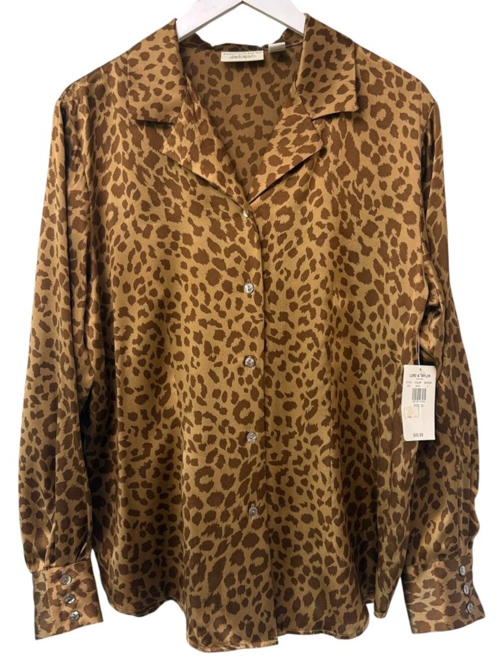 Lord & Taylor Silk Blouse Womens Size 10 Brown Leopard Satin Button Up NWT